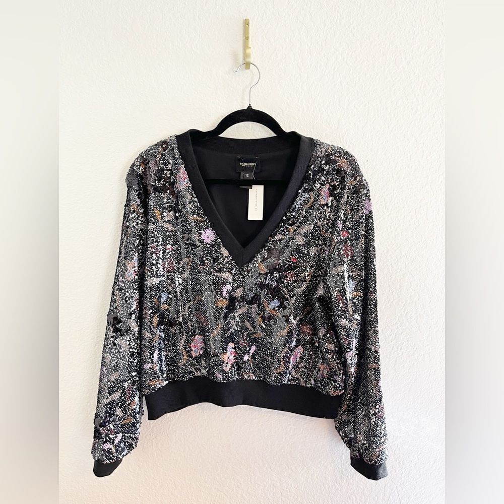 Anthropologie x Rachel Comey Sequin V-Neck Sweatshirt Black floral sequins 12